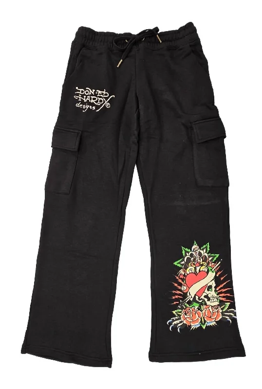 Casual Trend Pieces Cozy Styles Women's Rose Skull Cargo Sweatpant In Black