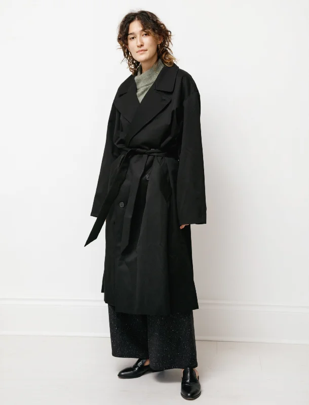 Effortless Wear Fits Budgeted Fashion Double Breasted Trench with Leather Patch Black