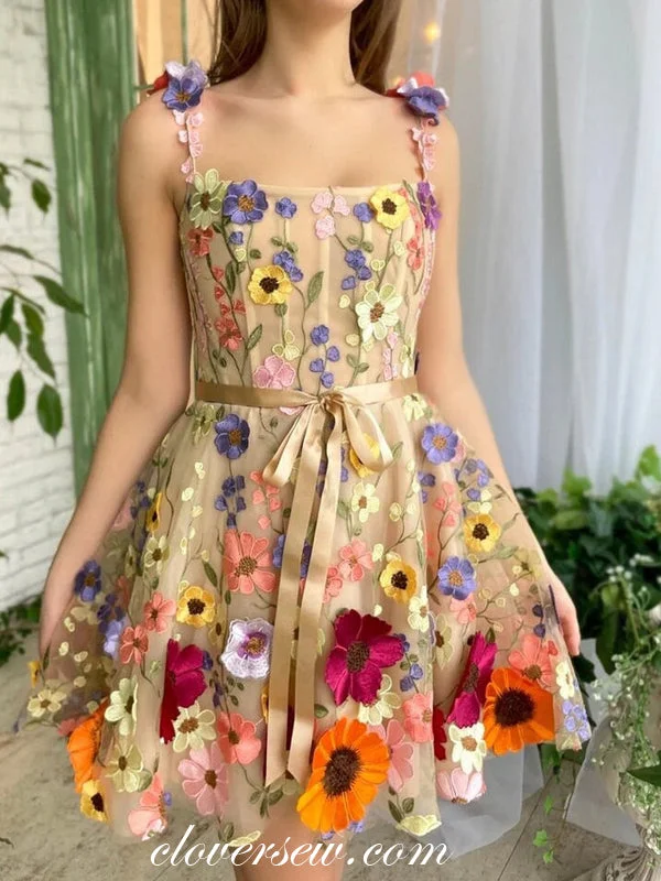 Soft Comfort Fits Casual Vibes 3D Floral Lace Square Neck Sleeveless Short Party Dresses, CP1015 Soft Comfort Fits Casual Vibes 3D Floral Lace Square Neck Sleeveless Short Party Dresses, CP1015