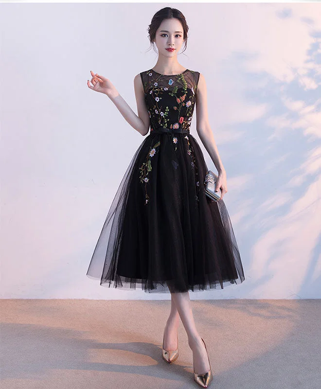 Black Round Neck Lace Tulle Short Prom Dress, Black Evening Dress