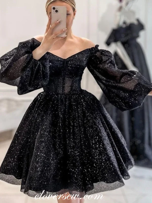 Soft Layers Clothing Soft Look Black Shiny Glitter Tulle Off The Shoulder Long Puffy Sleeves Short Prom Dresses, CP1115