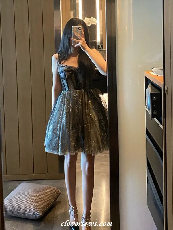 Relaxed and Fashionable Cozy Wardrobe Black Tulle Sequined Lace Beading Spaghetti Strap Shiny Hoco Party Dresses, CH0084 Relaxed and Fashionable Cozy Wardrobe Black Tulle Sequined Lace Beading Spaghetti Strap Shiny Hoco Party Dresses, CH0084
