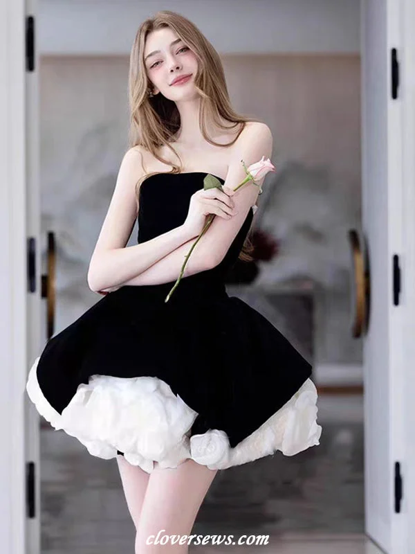 Cozy Everyday Wardrobe Chic Essentials Black Velvet White Rose Flowers Strapless Mini Party Homecoming Dresses, CH0080 Cozy Everyday Wardrobe Chic Essentials Black Velvet White Rose Flowers Strapless Mini Party Homecoming Dresses, CH0080