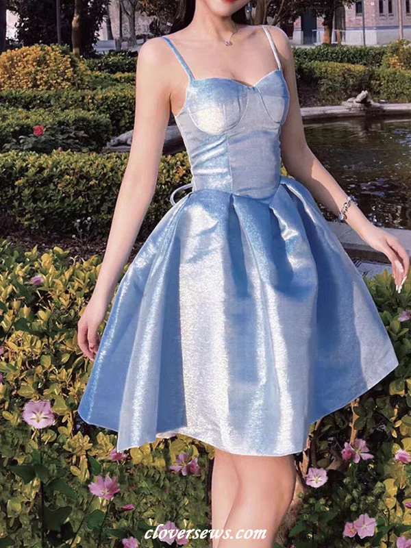 Cozy Day Outfits Budgeted Outfits Blue Shiny Satin Sleeveless A-line Fashion Short Mini Hoco Dresses, CH0082 Cozy Day Outfits Budgeted Outfits Blue Shiny Satin Sleeveless A-line Fashion Short Mini Hoco Dresses, CH0082