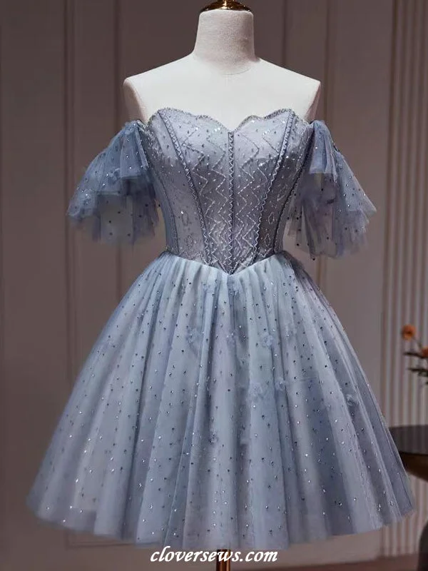 Relaxed Street Styles Comfy Chic Blue Tulle Shiny Bead Off The Shoulder A-line Short Birthday Party Hoco Dresses, CH0089 Relaxed Street Styles Comfy Chic Blue Tulle Shiny Bead Off The Shoulder A-line Short Birthday Party Hoco Dresses, CH0089
