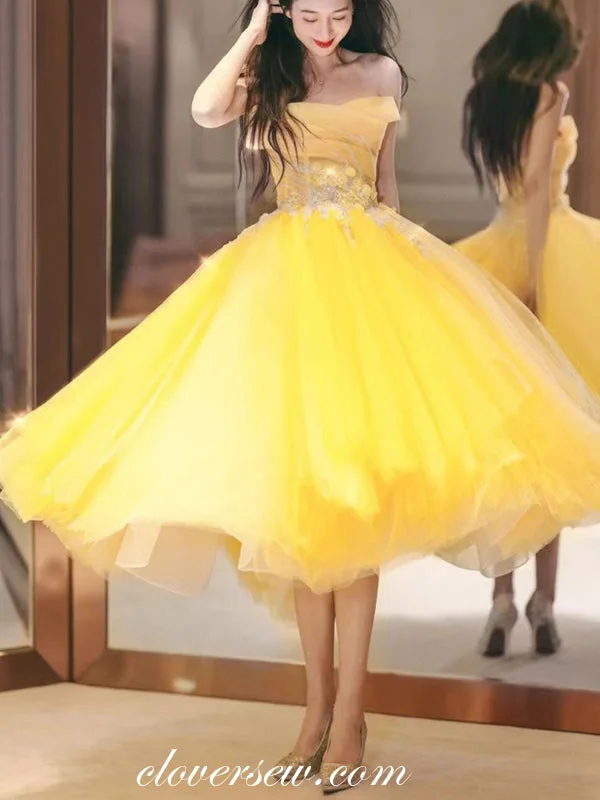 Effortless Wear Fits Chic Everyday Wear Bright Yellow Puffy Tulle 3D Applique Strapless Ball Gown Short Prom Dresses, CP1130 Effortless Wear Fits Chic Everyday Wear Bright Yellow Puffy Tulle 3D Applique Strapless Ball Gown Short Prom Dresses, CP1130