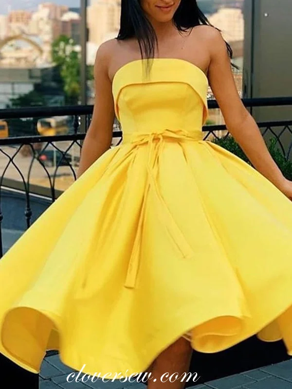 Relaxed Textiles Relaxed Fits Bright Yellow Satin Strapless With Belt Charming Homecoming Dresses, CH0044 Relaxed Textiles Relaxed Fits Bright Yellow Satin Strapless With Belt Charming Homecoming Dresses, CH0044