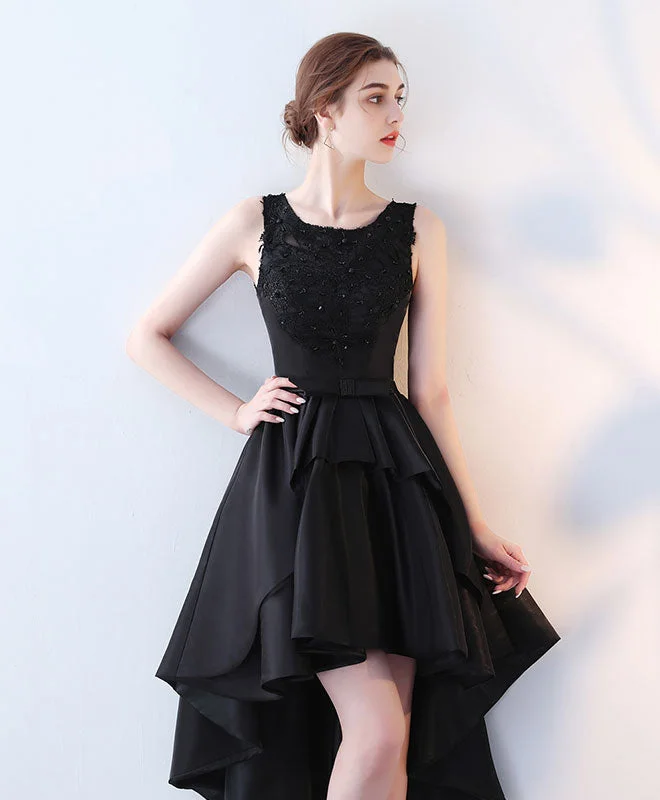 Cute Black Lace High Low Prom Dress, Lace Evening Dress