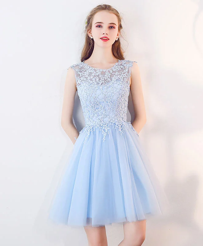 Cute Blue Tulle Lace Short Prom Dress, Blue Homecoming Dress