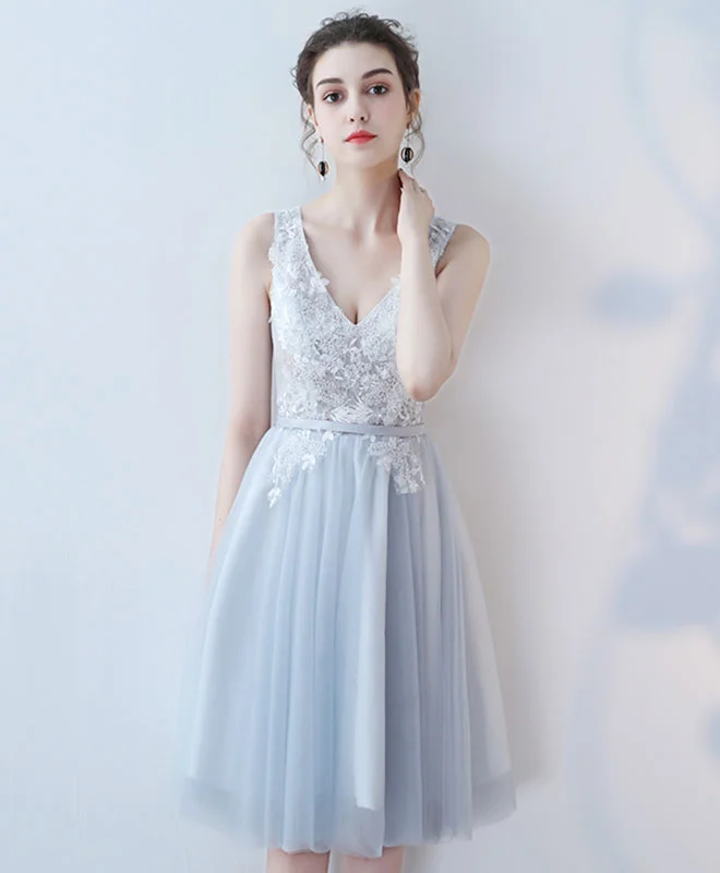 Cute V Neck Lace Tulle Short Prom Dress, Homecoming Dress