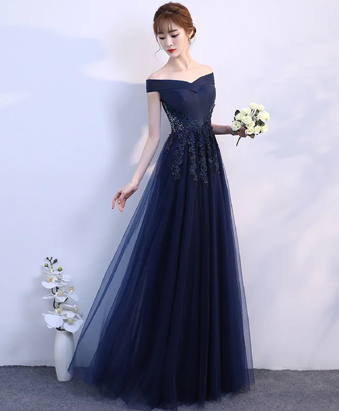 Dark Blue Off Shoulder Long Prom Dress, Blue Evening Dress