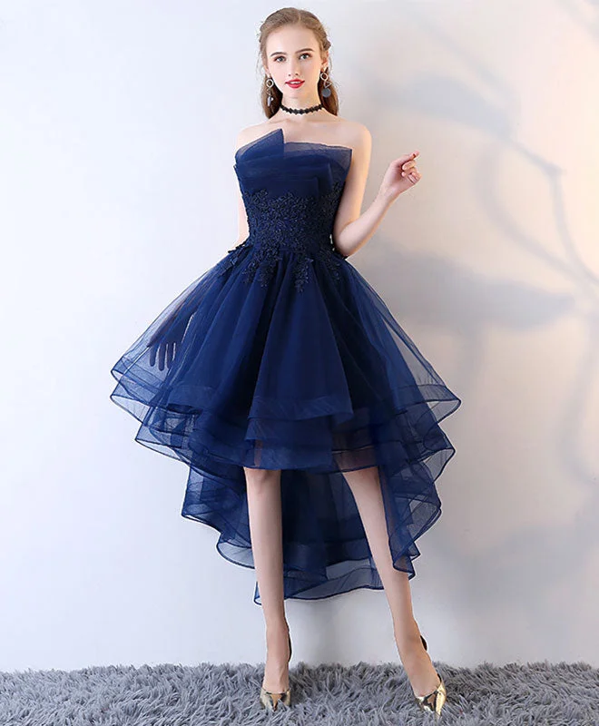 Dark Blue Tulle Short Prom Dress, High Low Homecoming Dresses