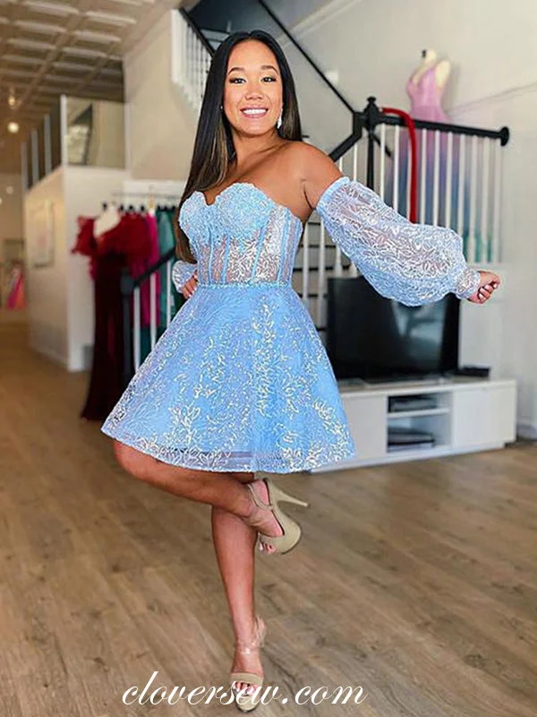 Chic Comforts Pieces Soft Fit Clothing Detachable Long Sleeves Blue Lace Sweetheart A-line Short Graduation Dresses, CP0993 Chic Comforts Pieces Soft Fit Clothing Detachable Long Sleeves Blue Lace Sweetheart A-line Short Graduation Dresses, CP0993