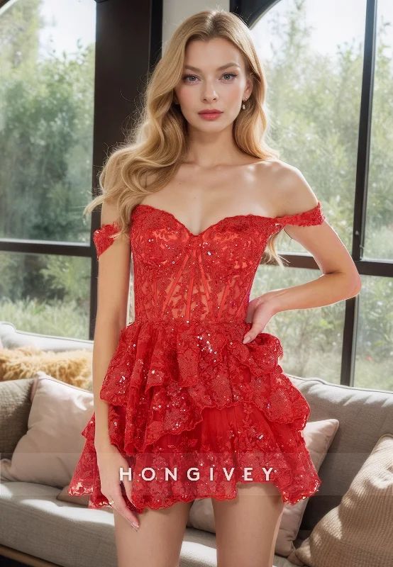 Soft Layering Wear Classy Outfits Sexy Lace A-Line Off-Shoulder Empire Tiered Party Evening Homecoming Dress Soft Layering Wear Classy Outfits Sexy Lace A-Line Off-Shoulder Empire Tiered Party Evening Homecoming Dress