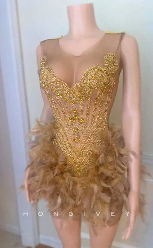 Chic Comforts Pieces Casual Looks H2090 - Sexy Fitted Glitter Round Sleeveless Rhinestone Feathers Homecoming Dresses For Black Women Chic Comforts Pieces Casual Looks H2090 - Sexy Fitted Glitter Round Sleeveless Rhinestone Feathers Homecoming Dresses For Black Women