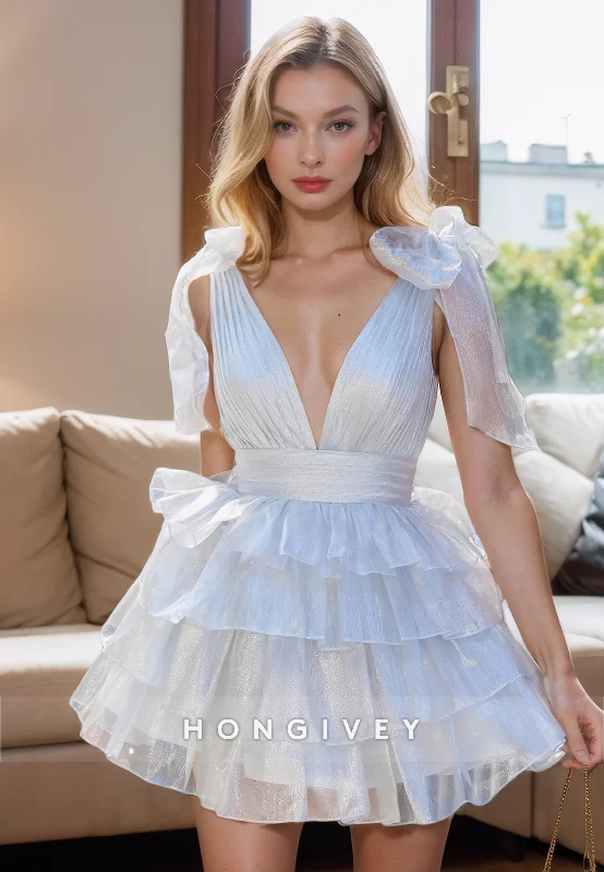 Soft Comfortwear Chic Everyday Wear Tulle A-Line V-Neck Bowknot Spaghetti Straps Tiered Party/Homecoming Dress Soft Comfortwear Chic Everyday Wear Tulle A-Line V-Neck Bowknot Spaghetti Straps Tiered Party/Homecoming Dress