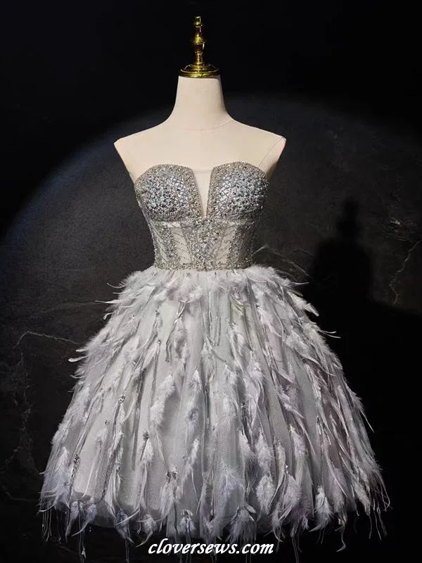 Affordable Comfort Styles Chic Comfort Grey Bead Strapless Feather A-line Short Party Dresses, CH0091 Affordable Comfort Styles Chic Comfort Grey Bead Strapless Feather A-line Short Party Dresses, CH0091