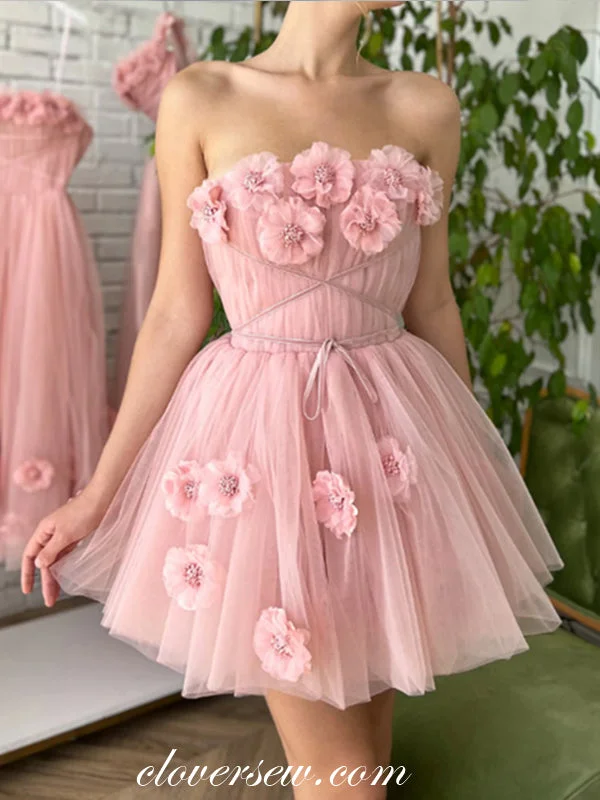 Versatile Outfits Day-to-day Comfort Handmade Flowers Pink Tulle Strapless Short Party Dresses, CP1012 Versatile Outfits Day-to-day Comfort Handmade Flowers Pink Tulle Strapless Short Party Dresses, CP1012