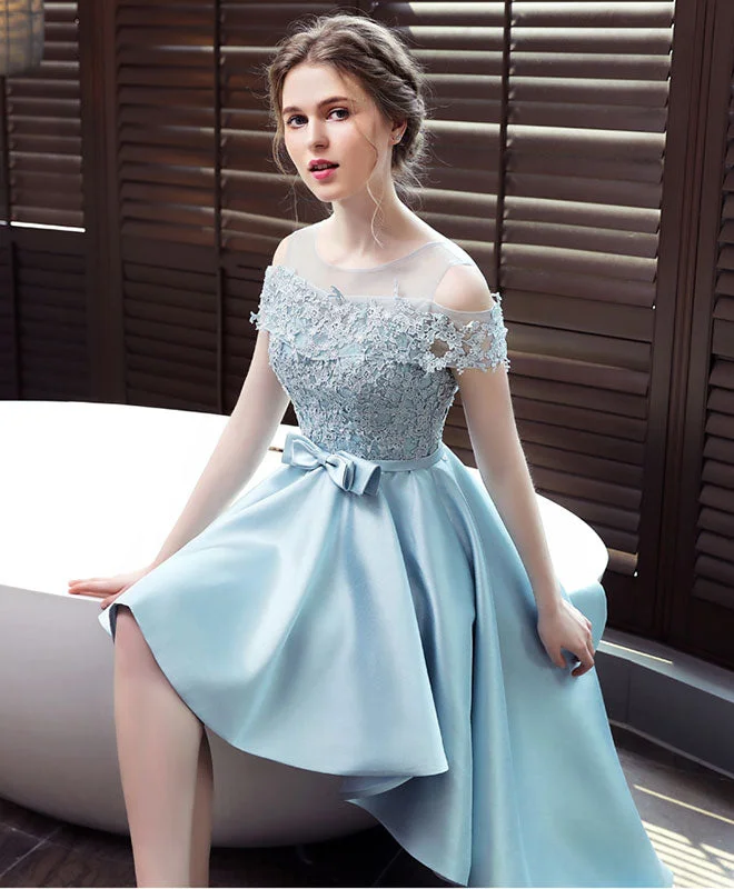 Light Blue Satin Lace Prom Dress, Blue Lace Evening Dress