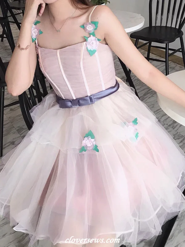 Soft and Cozy Apparel Chic Fit Light Pink Tulle Handmade Flower Applique Elegant Short Princess Hoco Dresses, CH0085 Soft and Cozy Apparel Chic Fit Light Pink Tulle Handmade Flower Applique Elegant Short Princess Hoco Dresses, CH0085