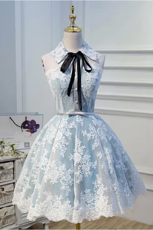 Cozy Fabric Fits Cozy Looks Light Sky Blue Halter Homecoming Dress with Lace Appliques, Cute Short Formal Dress M1733 Cozy Fabric Fits Cozy Looks Light Sky Blue Halter Homecoming Dress with Lace Appliques, Cute Short Formal Dress M1733