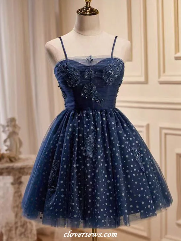 Relaxed Fit Choices Budget Comfort Navy Polka Dot Tulle Applique Spaghetti Strap A-line Short Hoco Dresses, CH0090 Relaxed Fit Choices Budget Comfort Navy Polka Dot Tulle Applique Spaghetti Strap A-line Short Hoco Dresses, CH0090