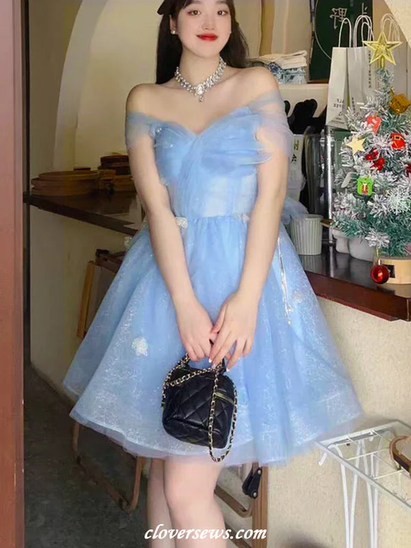 Simple Fashion Layers Easy Chic Pale Blue Glitter Tulle Off The Shoulder Butterfly Applique Short Hoco Dresses, CH0088 Simple Fashion Layers Easy Chic Pale Blue Glitter Tulle Off The Shoulder Butterfly Applique Short Hoco Dresses, CH0088