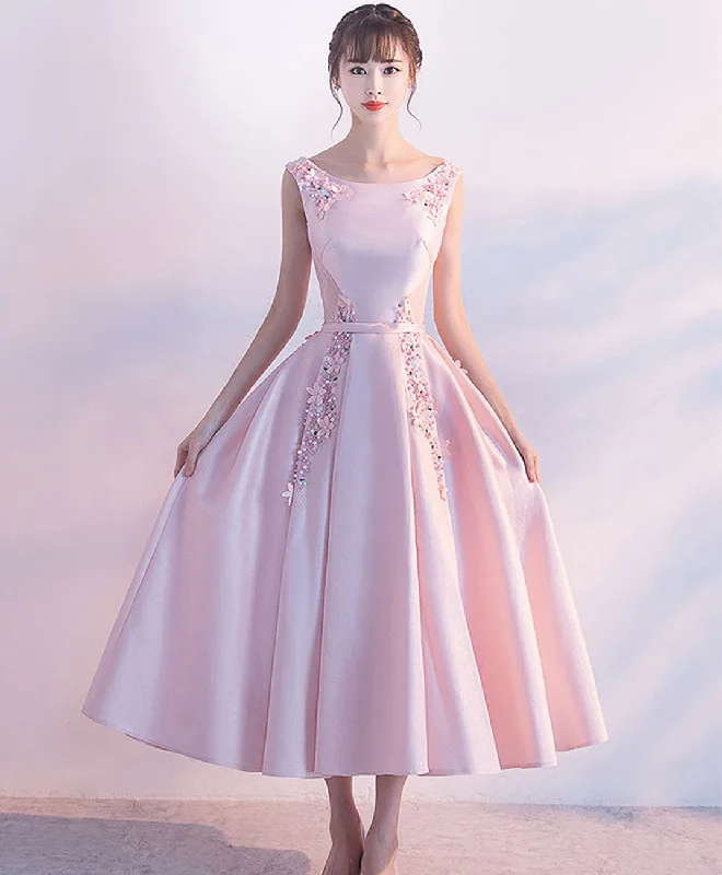 Pink Satin Lace Tea Length Prom Dress, Pink Evening Dress