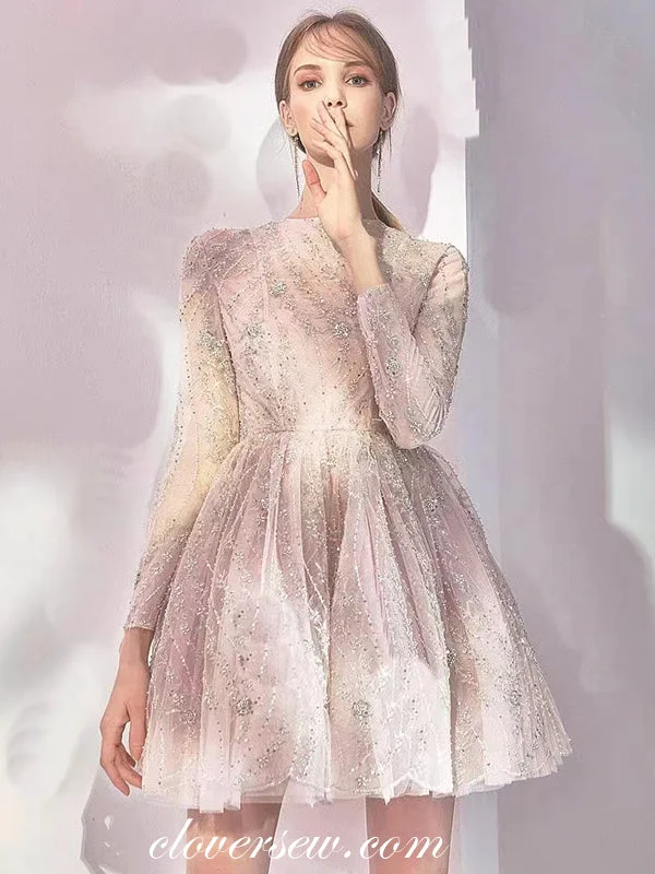 Comfortable Vibes Comfortable Apparel Pink Sequined Lace Long Sleeves A-line Short Homecoming Dresses, CH0056 Comfortable Vibes Comfortable Apparel Pink Sequined Lace Long Sleeves A-line Short Homecoming Dresses, CH0056
