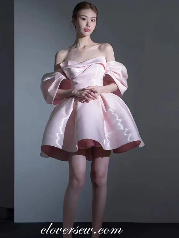 Cozy Essentials Cozy Essentials Pink Shiny Satin Off The Shoulder Ball Gown Short Prom Dresses, CP1036 Cozy Essentials Cozy Essentials Pink Shiny Satin Off The Shoulder Ball Gown Short Prom Dresses, CP1036