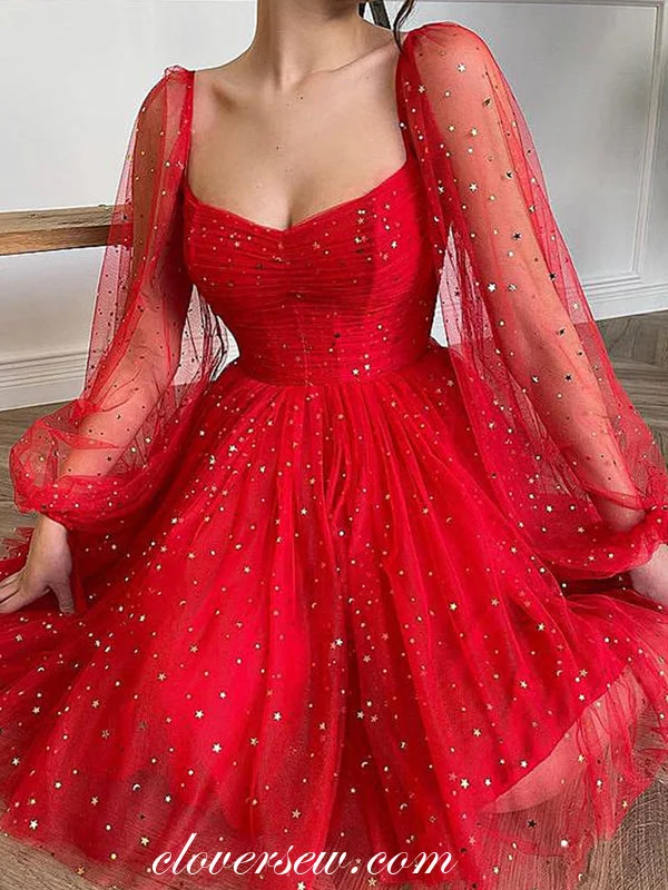 Simple Wear Fits Chic Layers Red Star Tulle Long Sleeves Short Graduation Prom Dresses, CP0995 Simple Wear Fits Chic Layers Red Star Tulle Long Sleeves Short Graduation Prom Dresses, CP0995