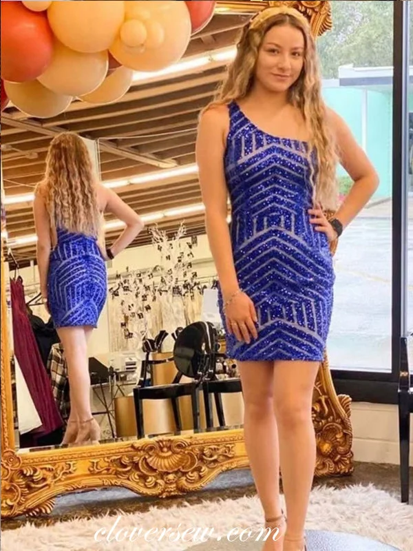 Relaxed Street Styles Cozy Dresses Royal Blue Sequined One Shoulder Shiny Popular Sheath Homecoming Dresses, CH0065 Relaxed Street Styles Cozy Dresses Royal Blue Sequined One Shoulder Shiny Popular Sheath Homecoming Dresses, CH0065
