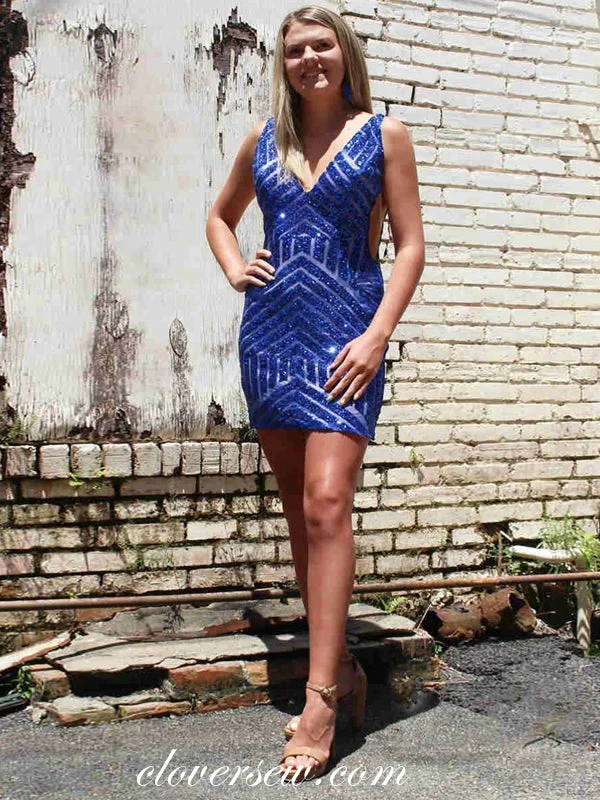 Effortless Wear Fits Classy Comfortwear Royal Blue Sequined V-neck Sleeveless Shiny Popular Sheath Homecoming Dresses, CH0060 Effortless Wear Fits Classy Comfortwear Royal Blue Sequined V-neck Sleeveless Shiny Popular Sheath Homecoming Dresses, CH0060