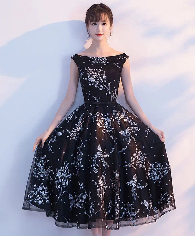 Simple Black Tulle Tea Length Prom Dress, Black Evening Dress