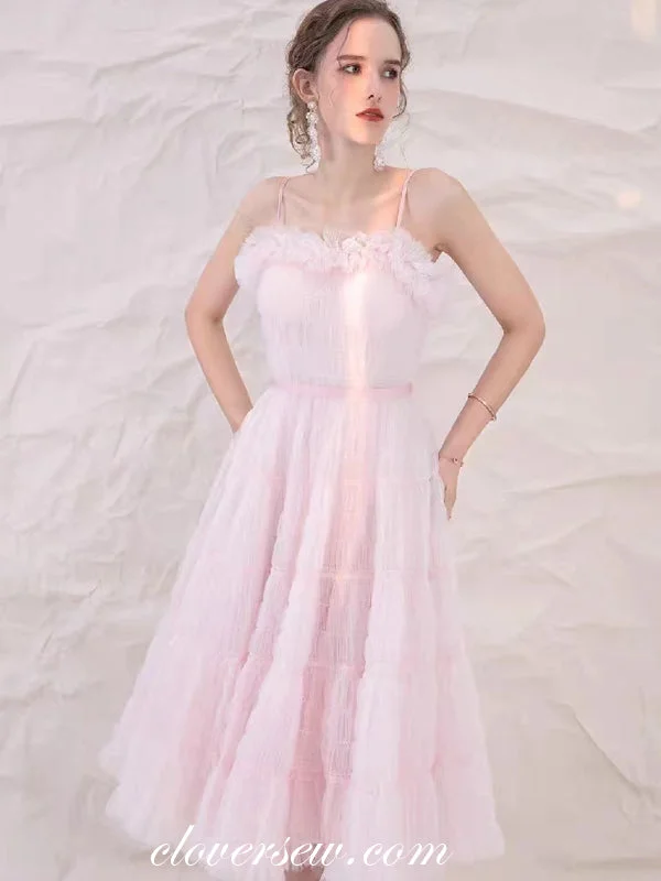 Effortless Chic Style Fashionable Comforts Soft Pink Ruffles Tulle Spaghetti Strap A-line Tea Length Party Dresses, CH0058 Effortless Chic Style Fashionable Comforts Soft Pink Ruffles Tulle Spaghetti Strap A-line Tea Length Party Dresses, CH0058