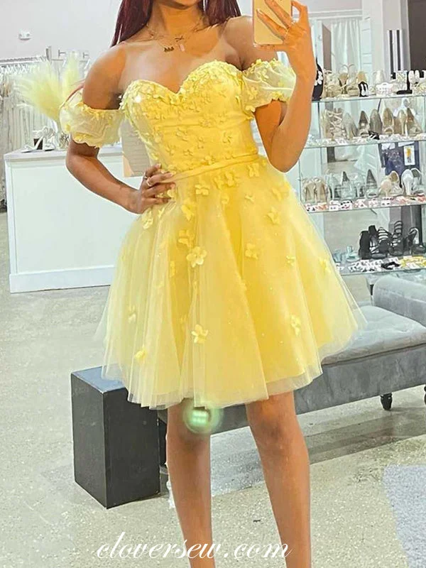Soft-Fit Wear Soft Fit Soft Yellow 3D Handmade Flowers Off The Shoulder Short Birthday Party Dresses, CH0053