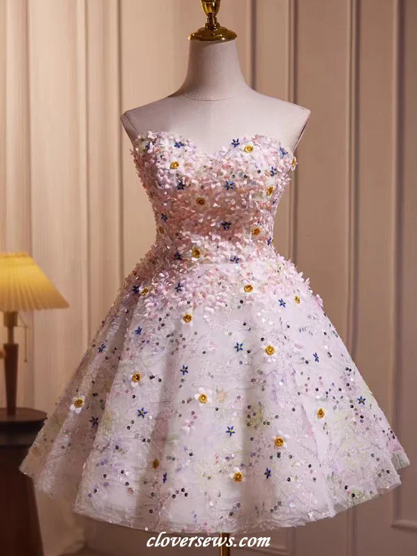 Chic Comforts Pieces Easy Fashion Sweetheart Strapless Floral Applique Sequined Tulle Shiny Short Prom Dresses, CH0092 Chic Comforts Pieces Easy Fashion Sweetheart Strapless Floral Applique Sequined Tulle Shiny Short Prom Dresses, CH0092