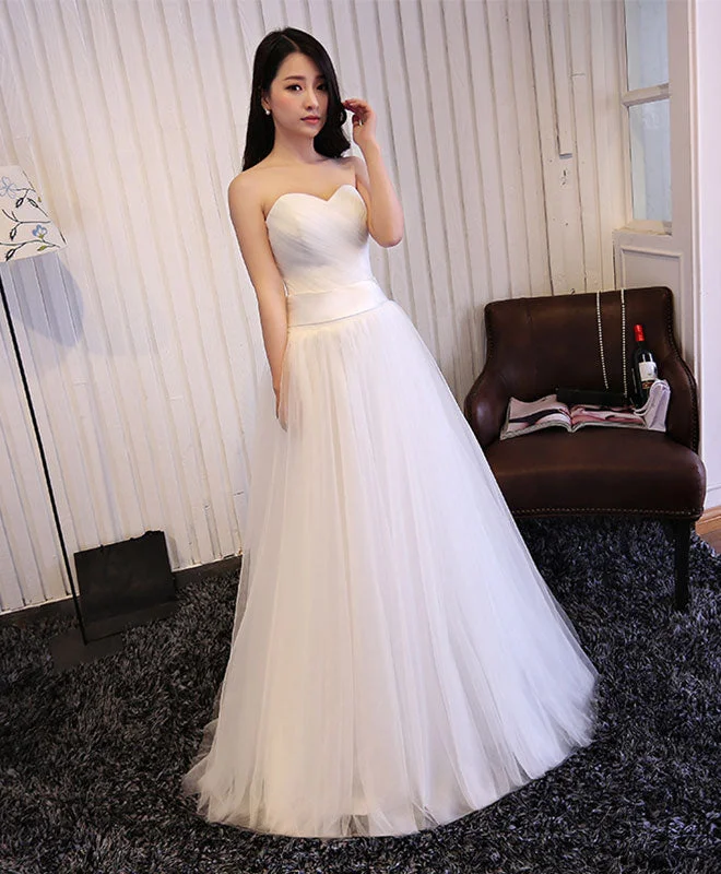 White Sweetheart Neck Tulle Long Prom Dress, Wedding Dress