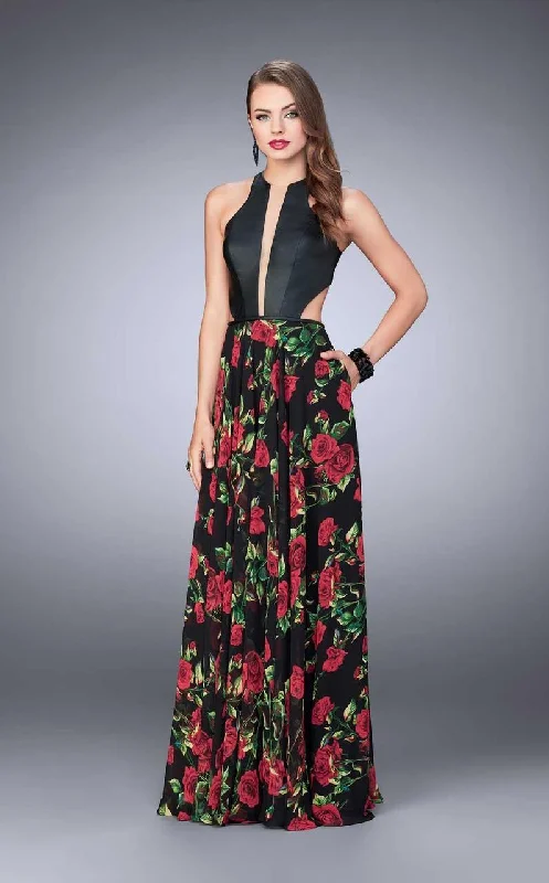 Soft Fabric Choices Classy Outfits La Femme - 24273 Enthralling Halter Floral Print A-Line Long Evening Gown