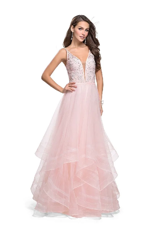 La Femme Gigi - 25639 Beaded Lace V-neck Ruffled Tulle A-line Dress