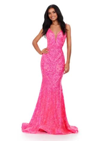 Practical Chic Wear Everyday Style ASHLEYlauren 11466 Spaghetti Strap V-Neck Stretch Sequin Gown with Low Back Practical Chic Wear Everyday Style ASHLEYlauren 11466 Spaghetti Strap V-Neck Stretch Sequin Gown with Low Back