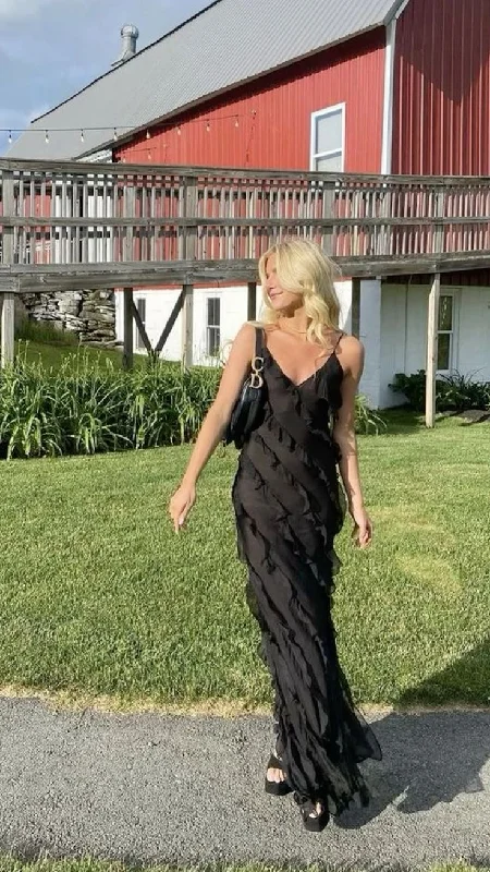 Affordable Comfort Styles Soft Layers Black Spaghetti Straps Ruffle Mermaid Long Party Dress Wedding Guest Dress,DP1893 Affordable Comfort Styles Soft Layers Black Spaghetti Straps Ruffle Mermaid Long Party Dress Wedding Guest Dress,DP1893