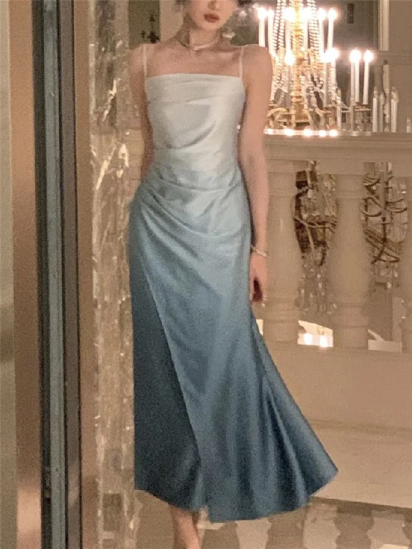 Warm Textures Soft Comfortwear Blue Spaghetti Straps Sheath Long Party Dress,DP1887