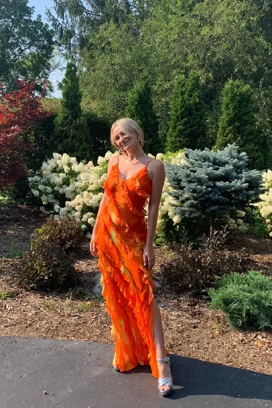 Simple Fashion Styles Trendy Layers Orange Spaghetti Straps Mermaid Long Party Dress Wedding Guest Dress,DP1896 Simple Fashion Styles Trendy Layers Orange Spaghetti Straps Mermaid Long Party Dress Wedding Guest Dress,DP1896