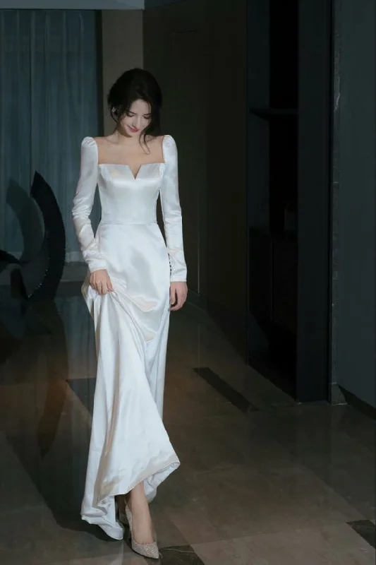 Effortless Layers Relaxed Outfits White Long Sleeves Satin Long Party Dress Wedding Dress,DP1885 Effortless Layers Relaxed Outfits White Long Sleeves Satin Long Party Dress Wedding Dress,DP1885