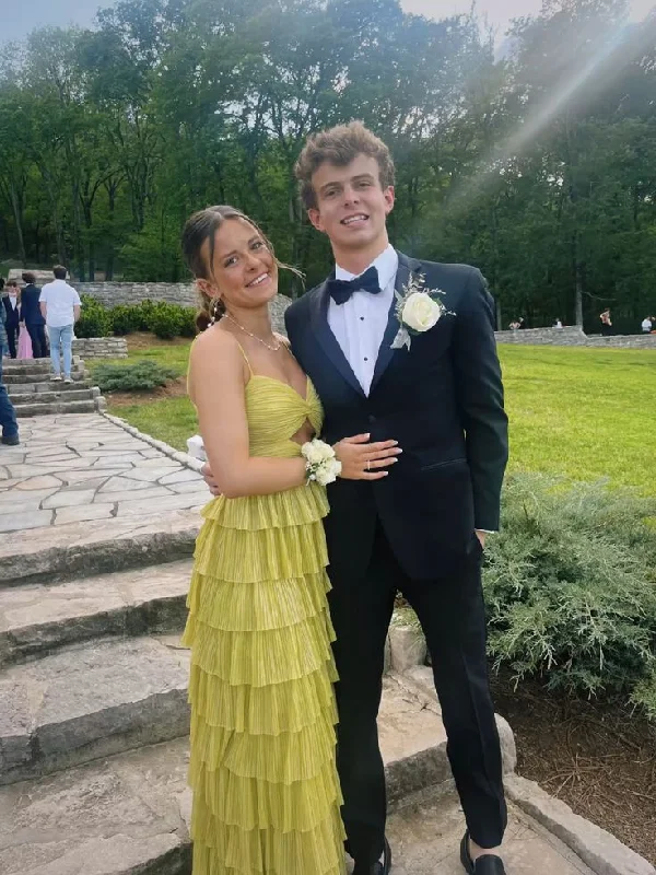 Simple Stylish Wear Trendy Casuals Yellow Spaghetti Straps A-Line Tiered Long Prom Dress,DP1881