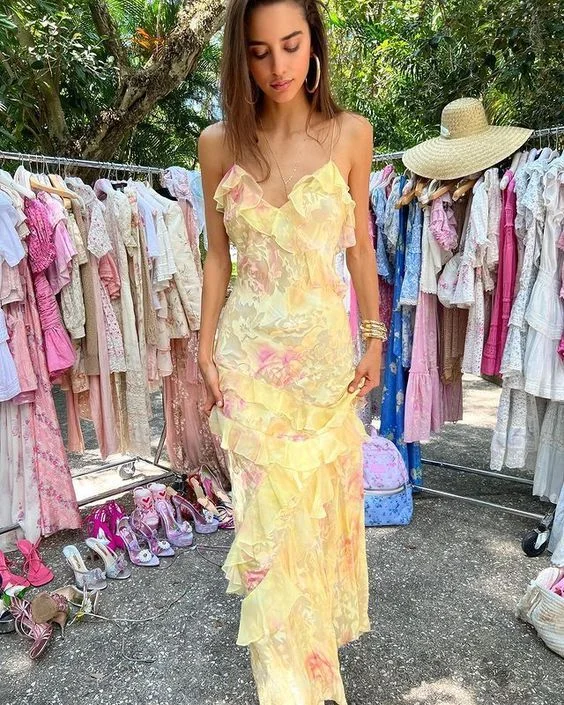 Fashion Layering Pieces Soft Comfortwear Yellow Straps Ruffles Long Party Dress Weding Guest Dress,DP1903